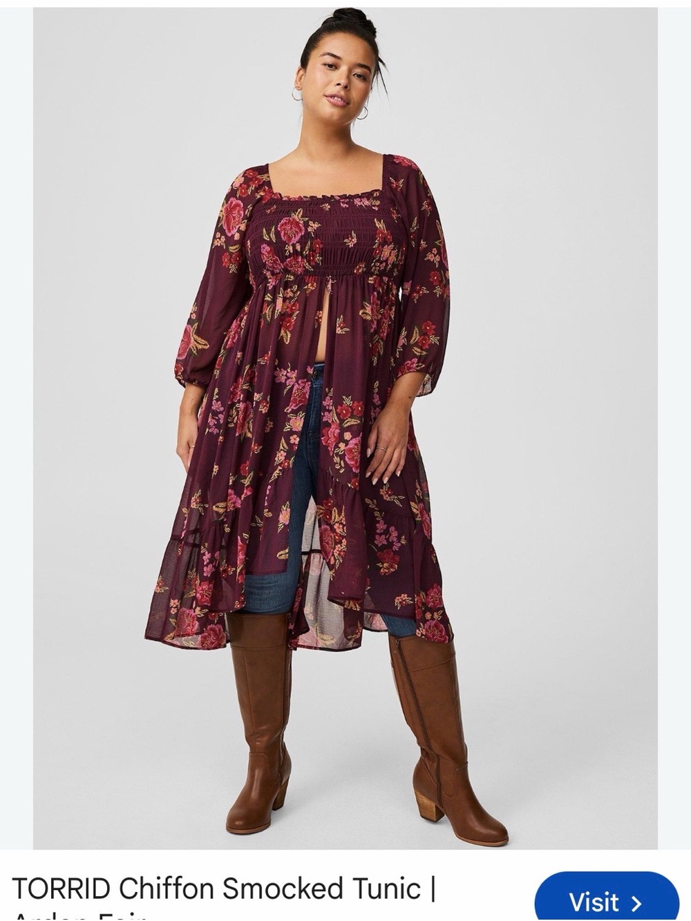 torrid Burgundy Floral High-Low Chiffon Smocked Tunic Dress